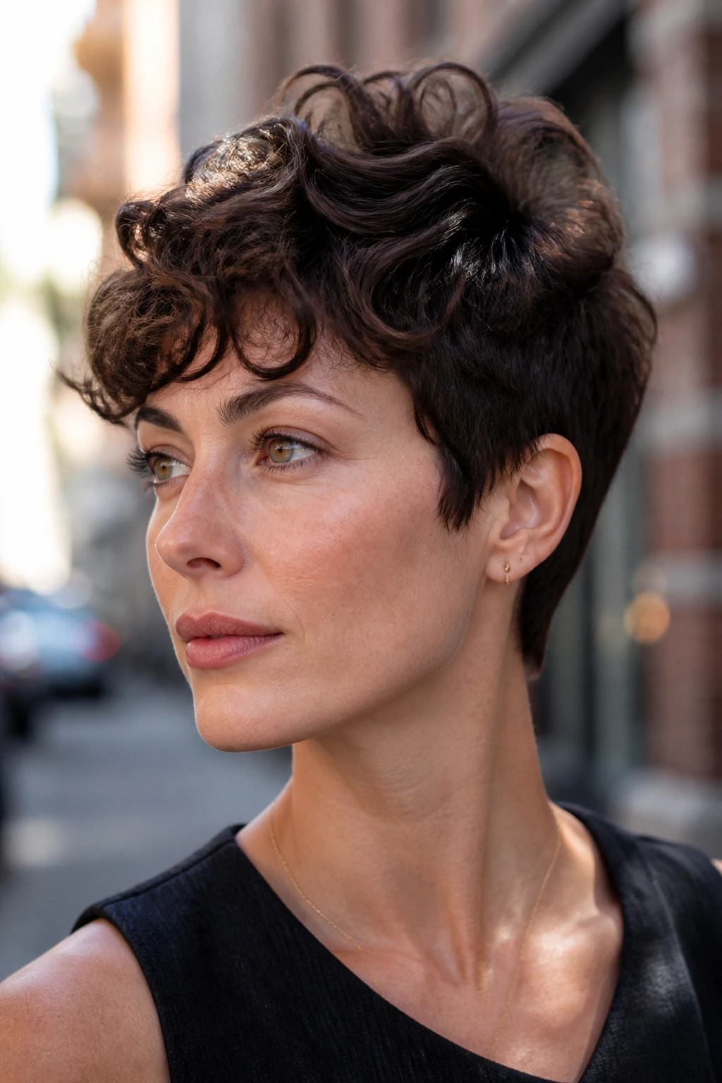 Real person with cropped curly pixie and crown lift on urban street