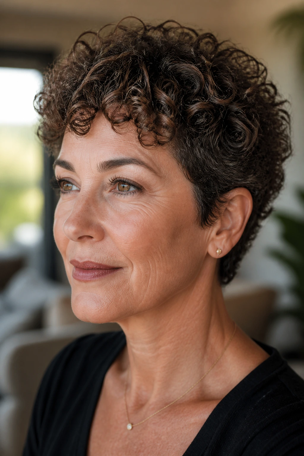 Portrait of a woman with cropped curly pixie.