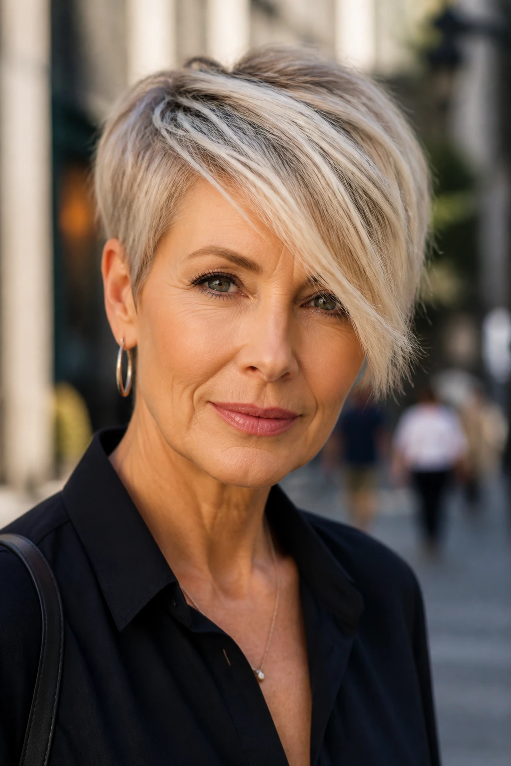 Close-up portrait of a real woman with cropped cut and long side fringe
