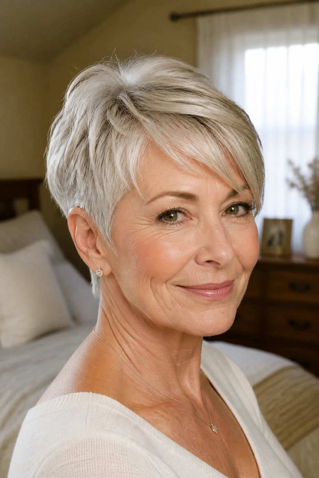 Close-up portrait of a real woman with a cropped cut and tapered nape