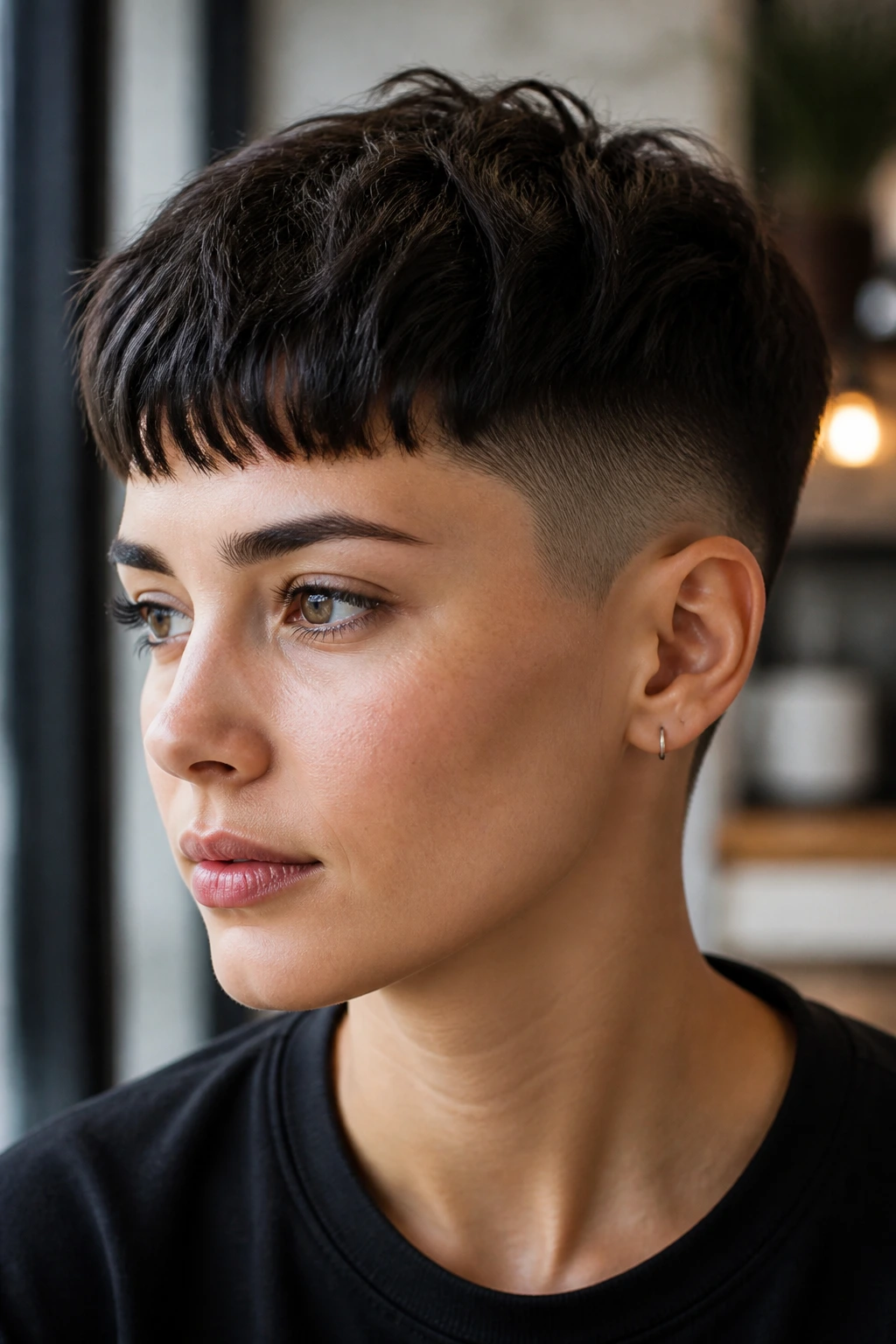 Real person with a cropped fringe and side fade, frontal portrait.