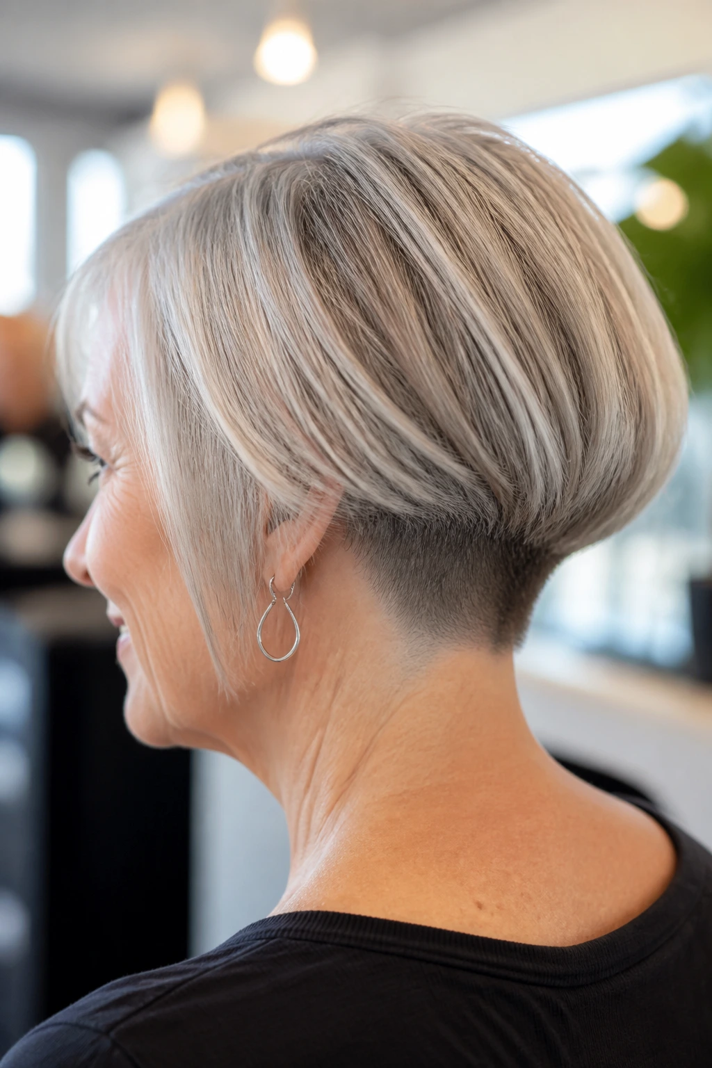 Portrait of a real woman with cropped pageboy and hidden undercut