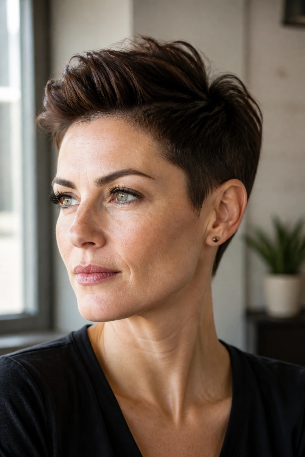 Close-up of a real woman with a cropped pixie and tall crown.
