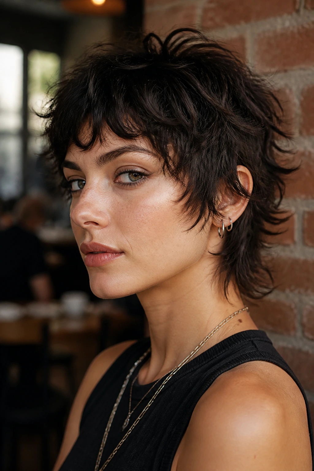 Close-up portrait of a real person with cropped punk shag hairstyle featuring choppy layers and crown lift in warm cafe light