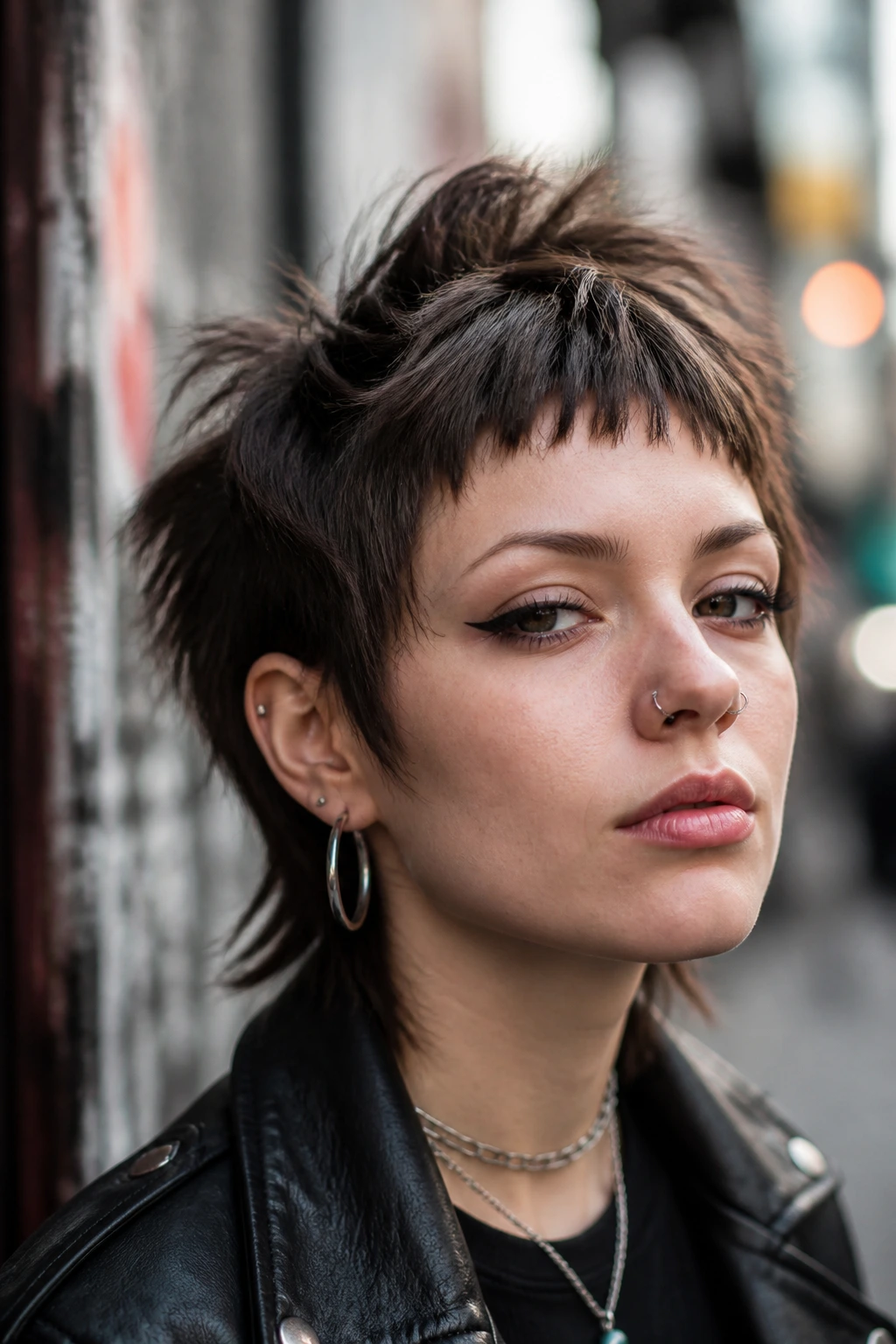 Portrait of a real person with cropped punk shag and micro fringe.