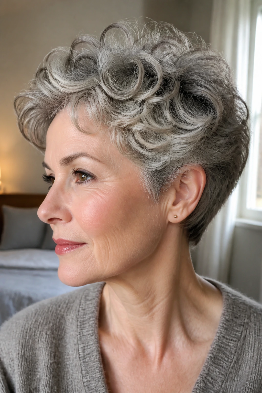 Close-up of a woman with cropped S-curl pixie