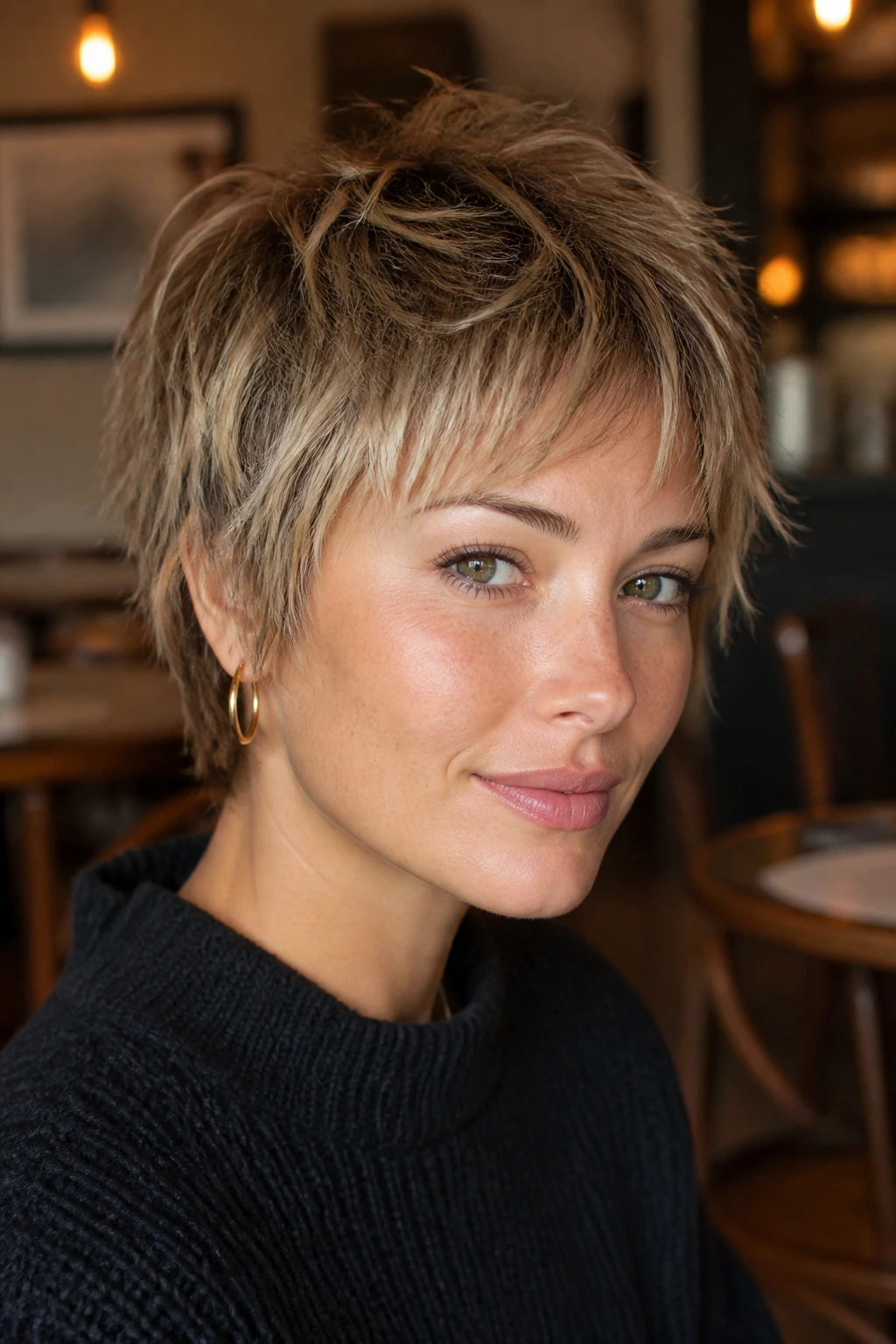 Close-up portrait of a real woman with cropped shag haircut in cafe lighting