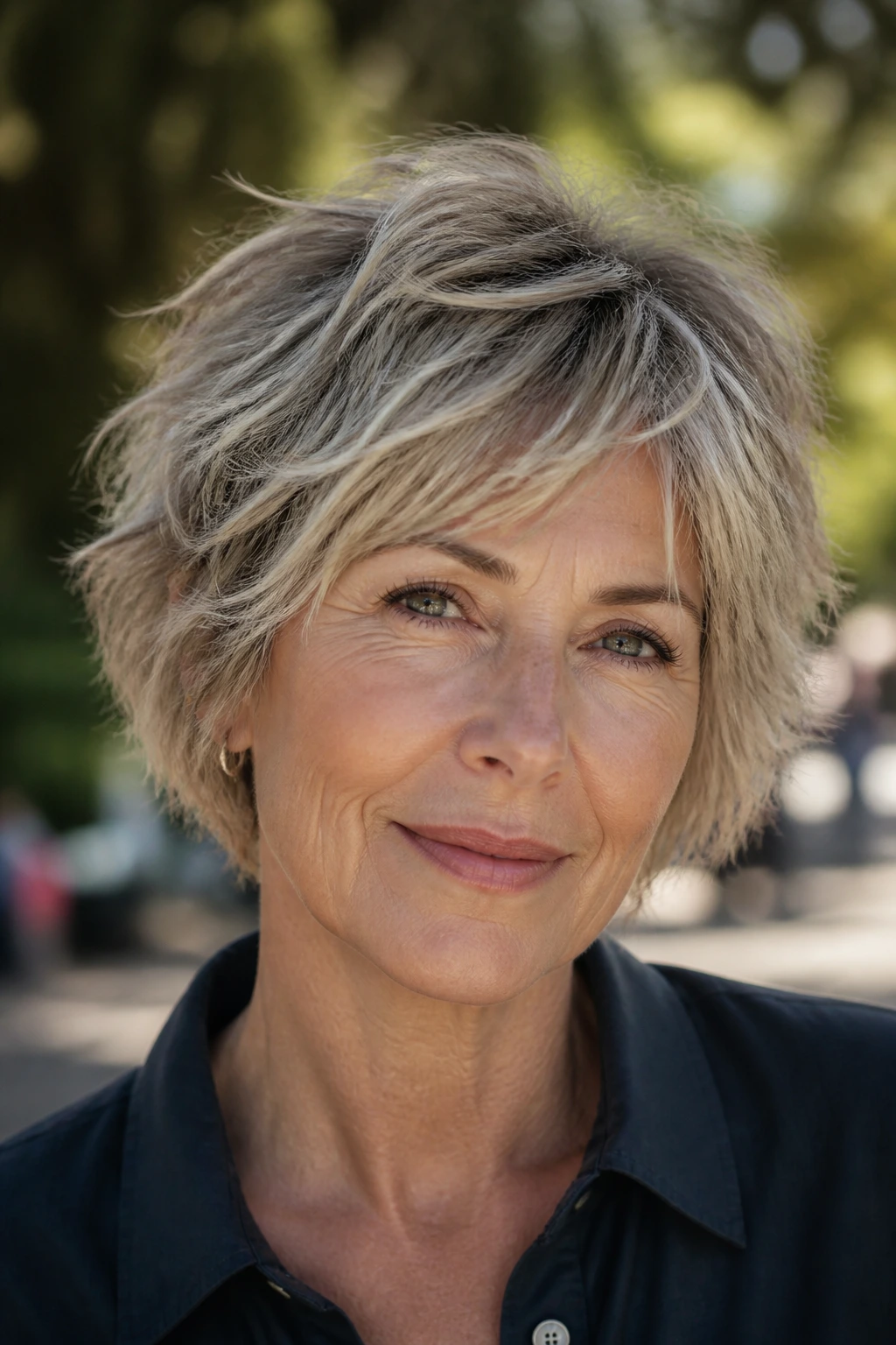 Portrait of a real woman with a cropped shag showing loose movement in sunlight