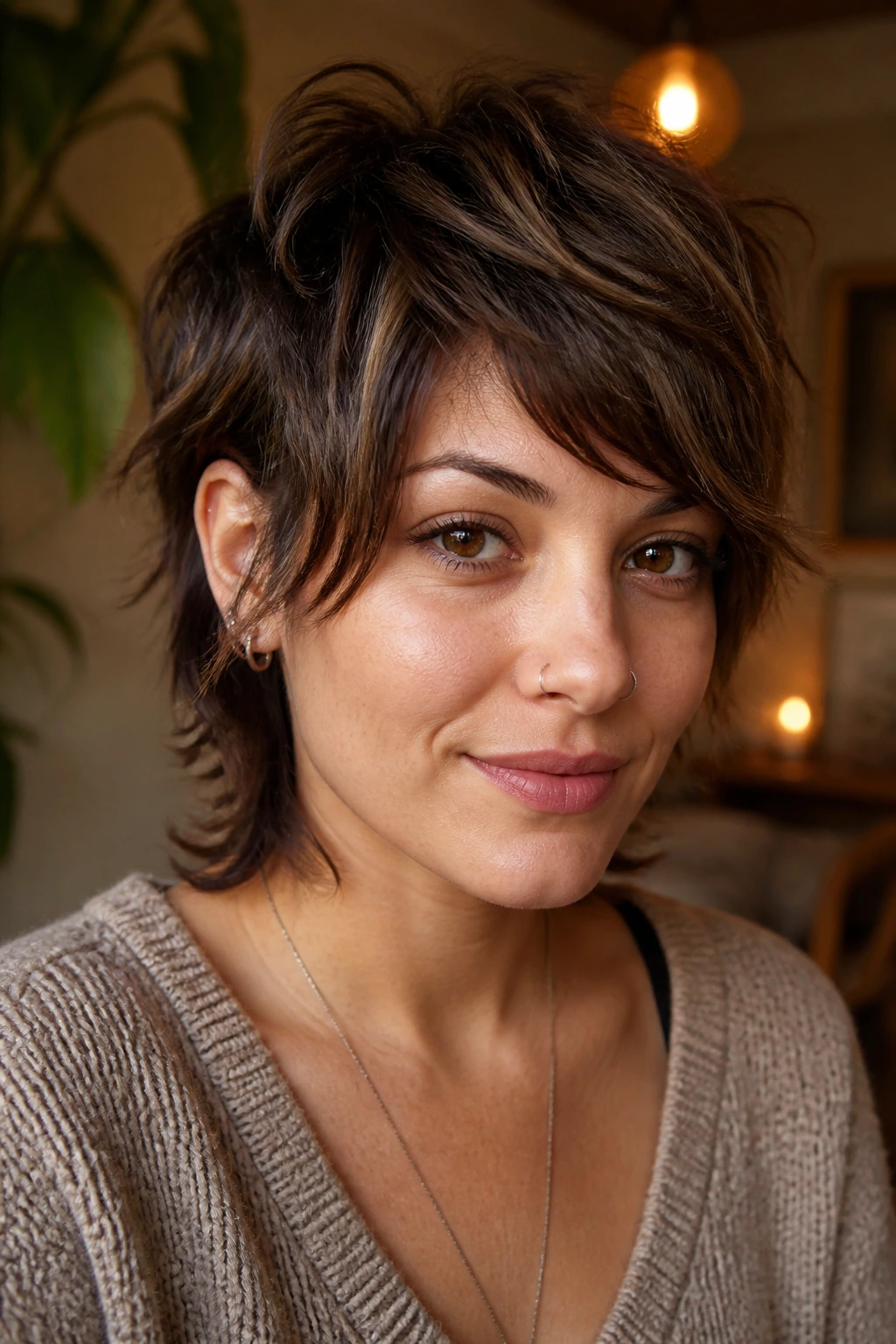 Close-up portrait of a real woman with cropped shag and soft mullet edge
