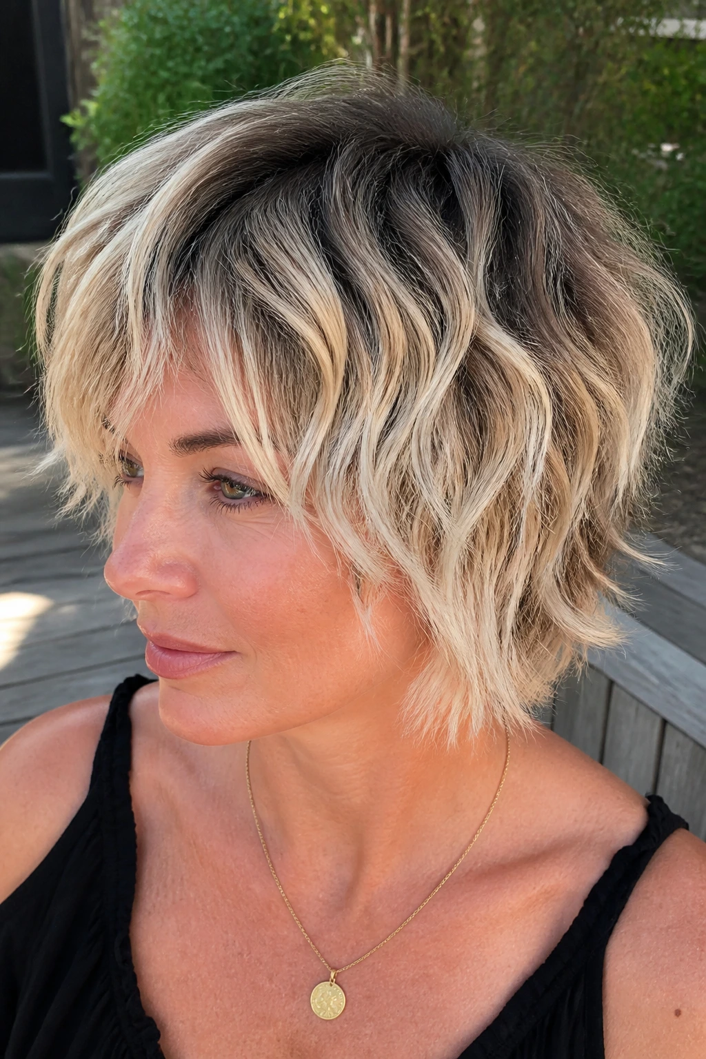 Close-up of cropped shag with shadowed roots on a real person outdoors