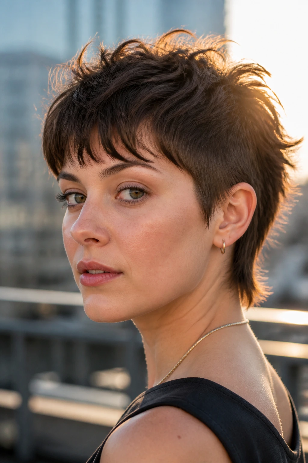 Close-up portrait of a real woman with Cropped Shag with Shorter Sides, lifted crown and tapered sides.