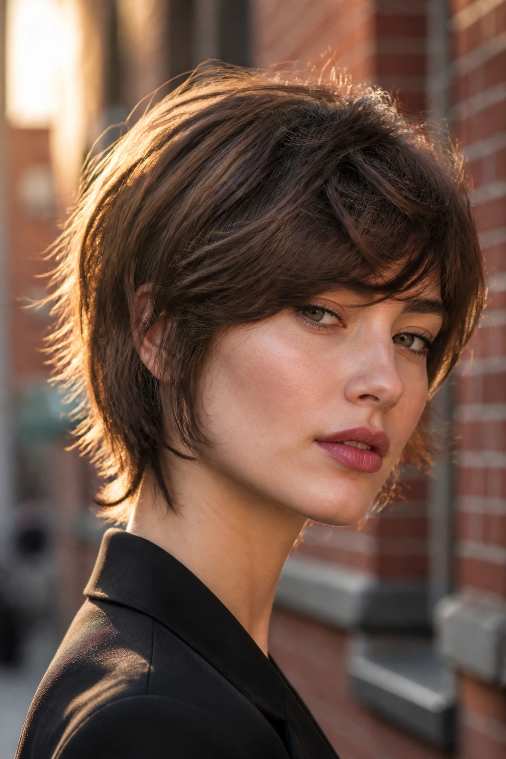 Close-up of a real person with cropped shag and side-swept bangs