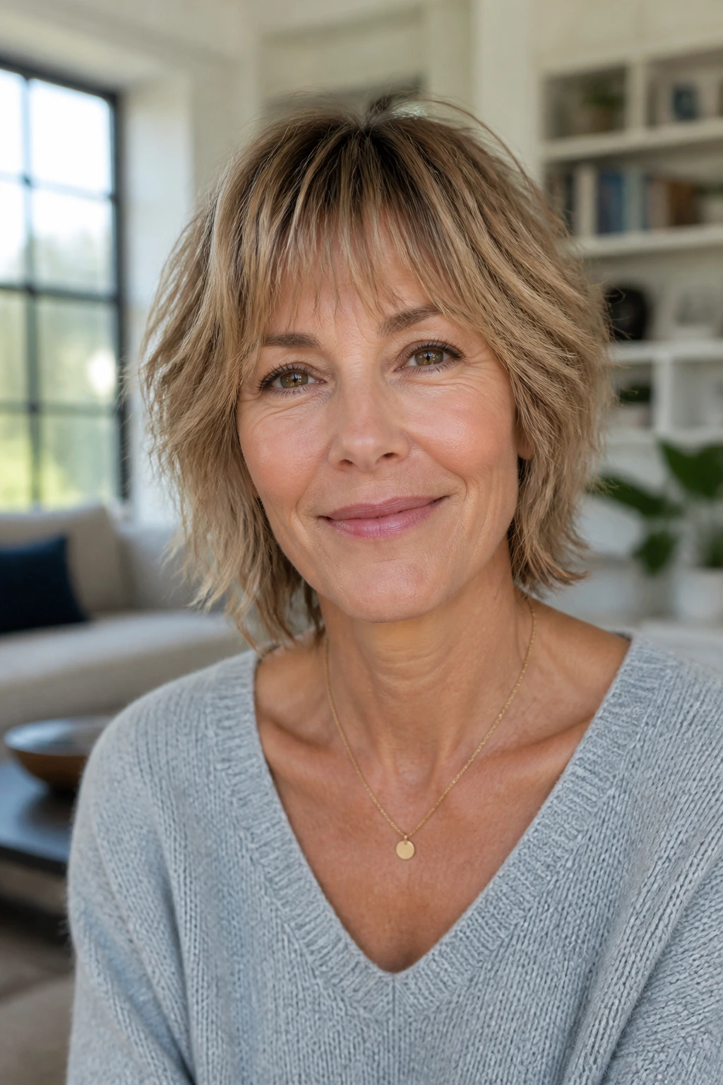 Close-up portrait of a woman with cropped shag and wispy fringe