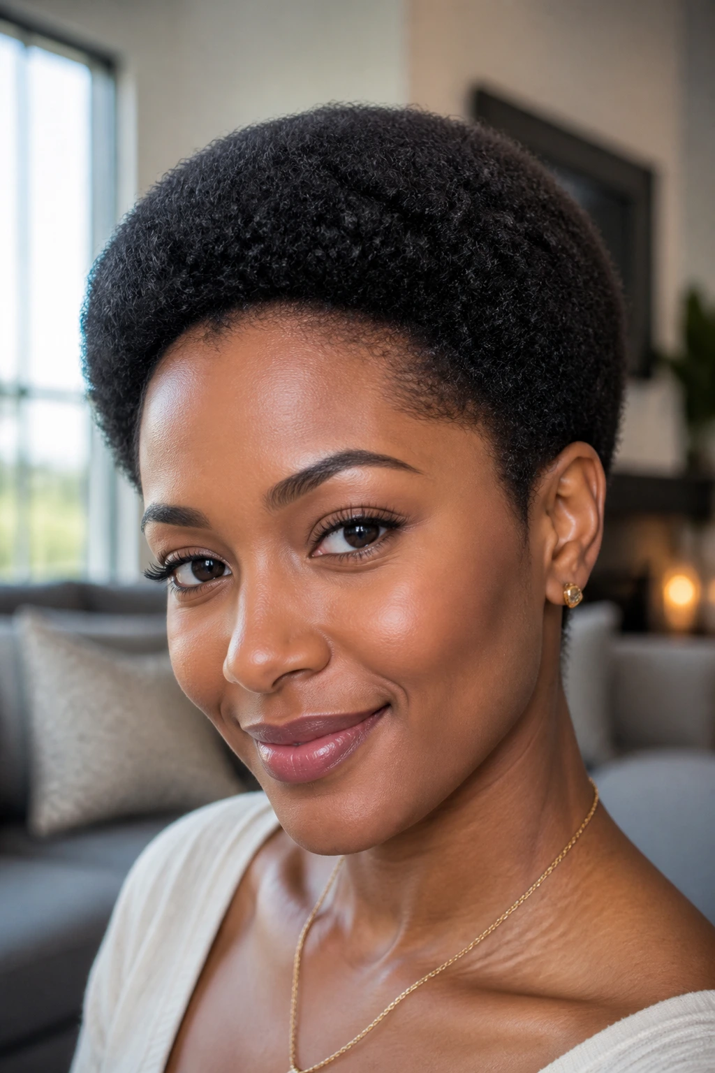 Close-up portrait of a real person with a cropped shaped afro