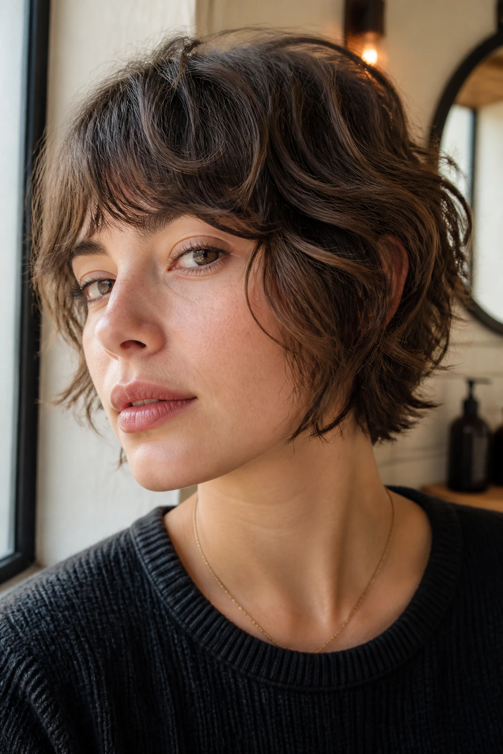 Close-up of a real person with a jaw-length cropped wolf cut on short waves