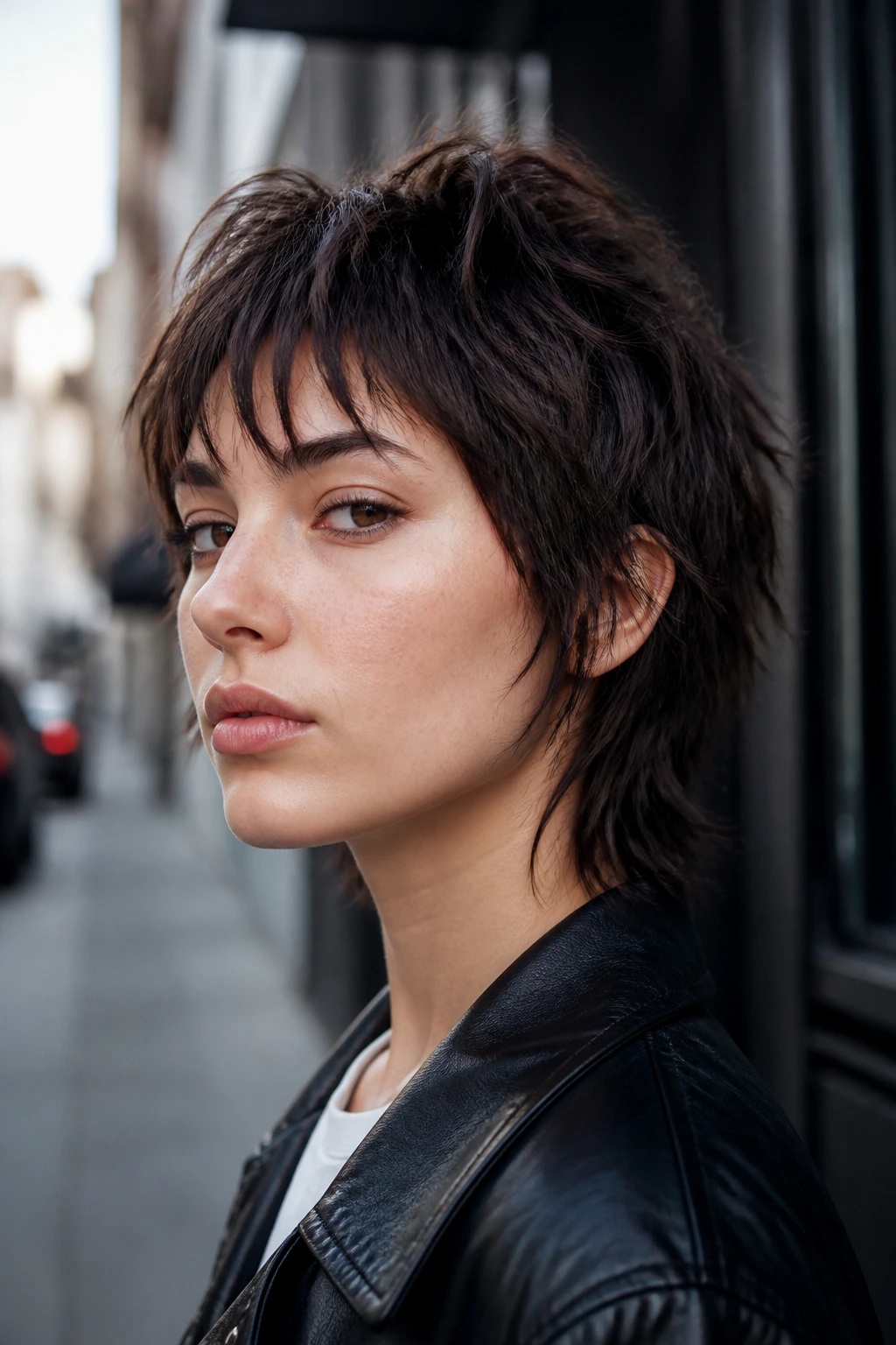 Portrait of a person with cropped wolf shag and piecey bangs on a city street at golden hour