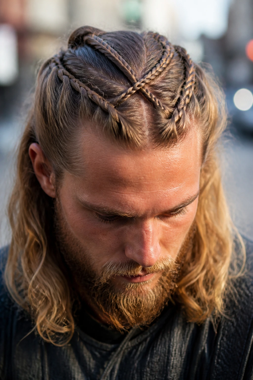 Close-up portrait showing cross-back braids crossing over to the back