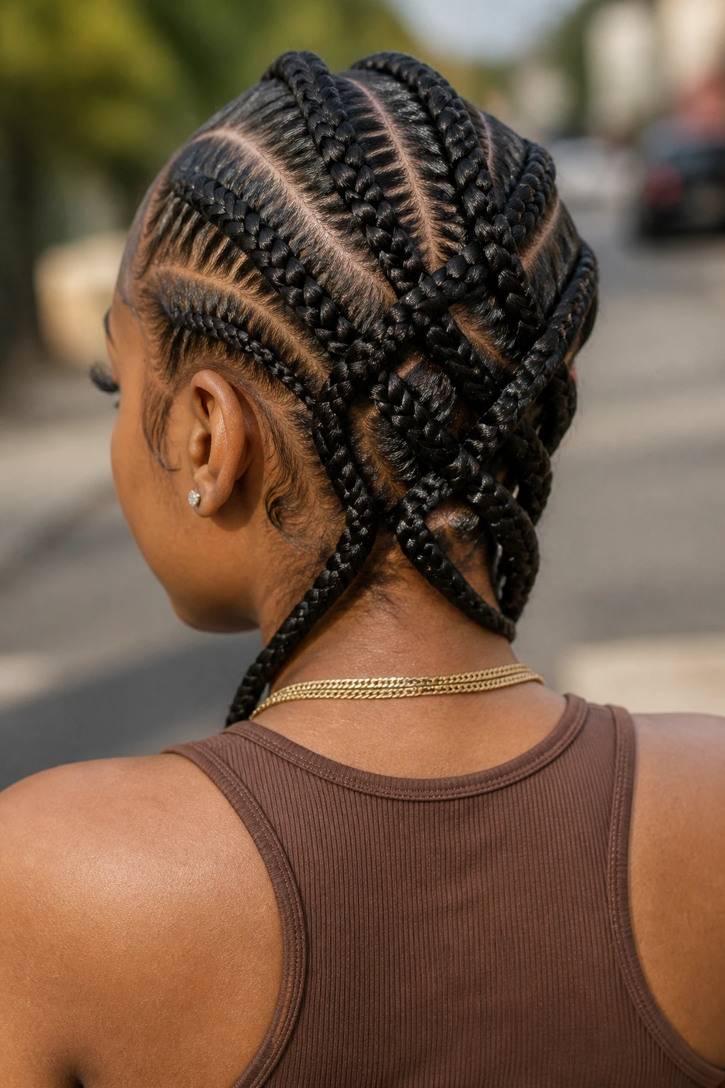 Back of head view showing cross-back cornrows on a real woman outdoors.