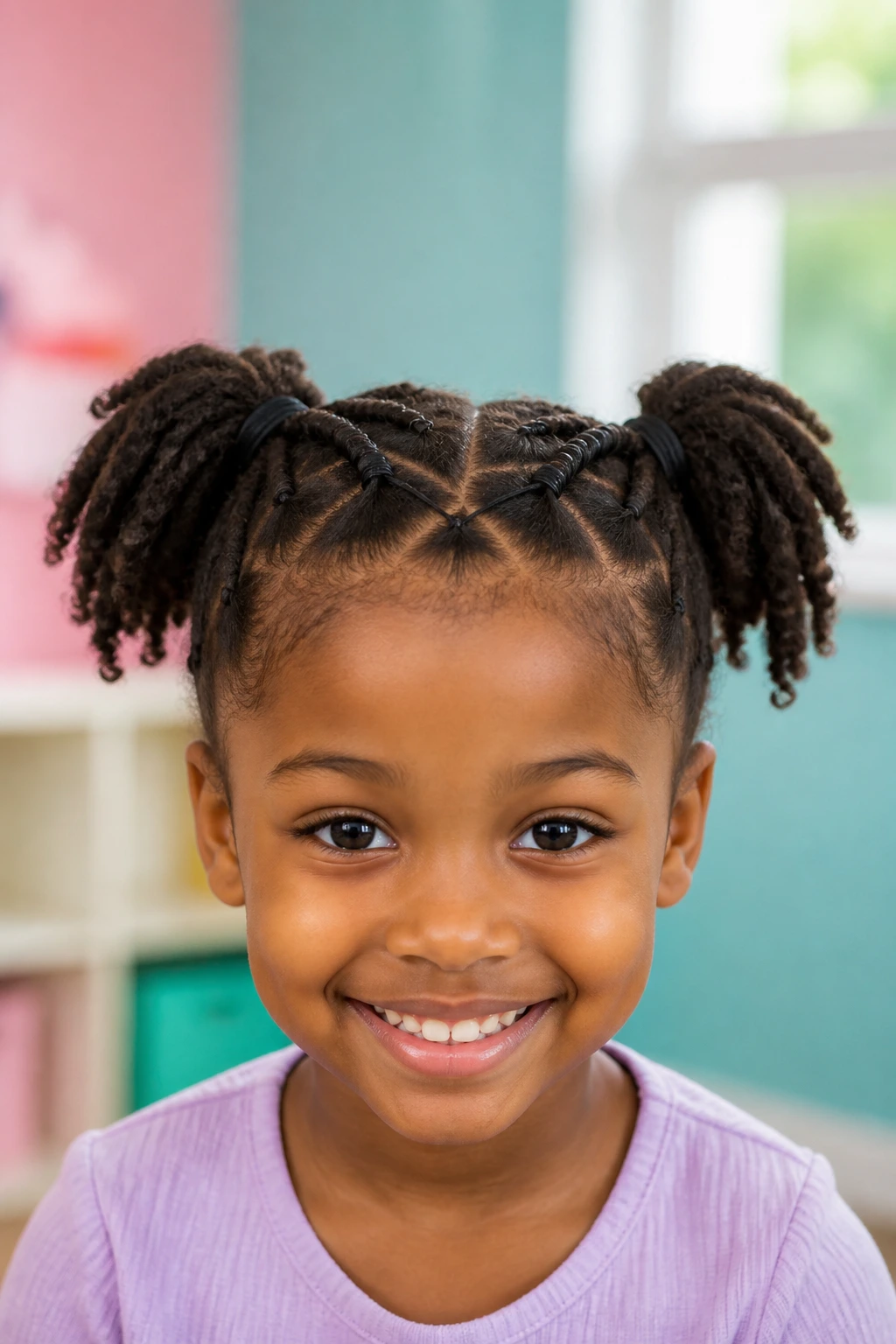 Close-up of a child with crossed-elastic puff hairstyle