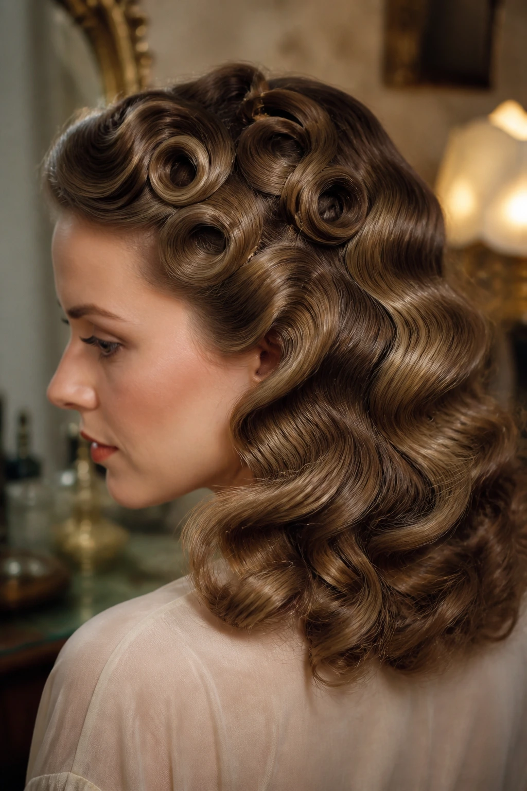 Close-up of a woman with crossover pin curls forming interlacing waves