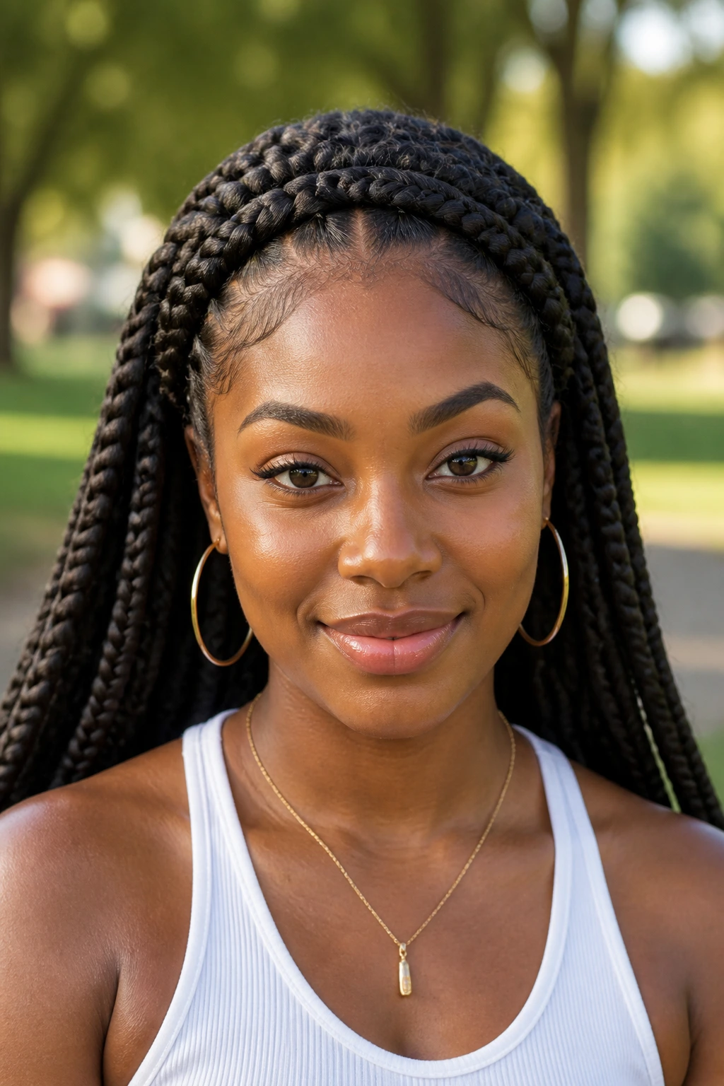 Front portrait with crown-band jumbo box braids