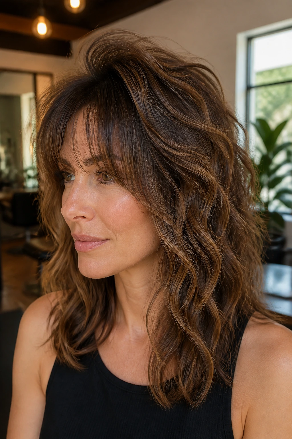 Portrait of a real woman with crown-boost shag showing lifted crown