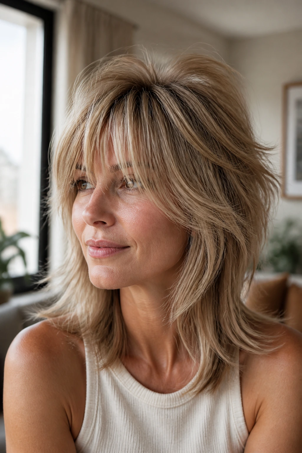 Close-up of a real woman with crown-boost shag showing lifted crown and soft layers