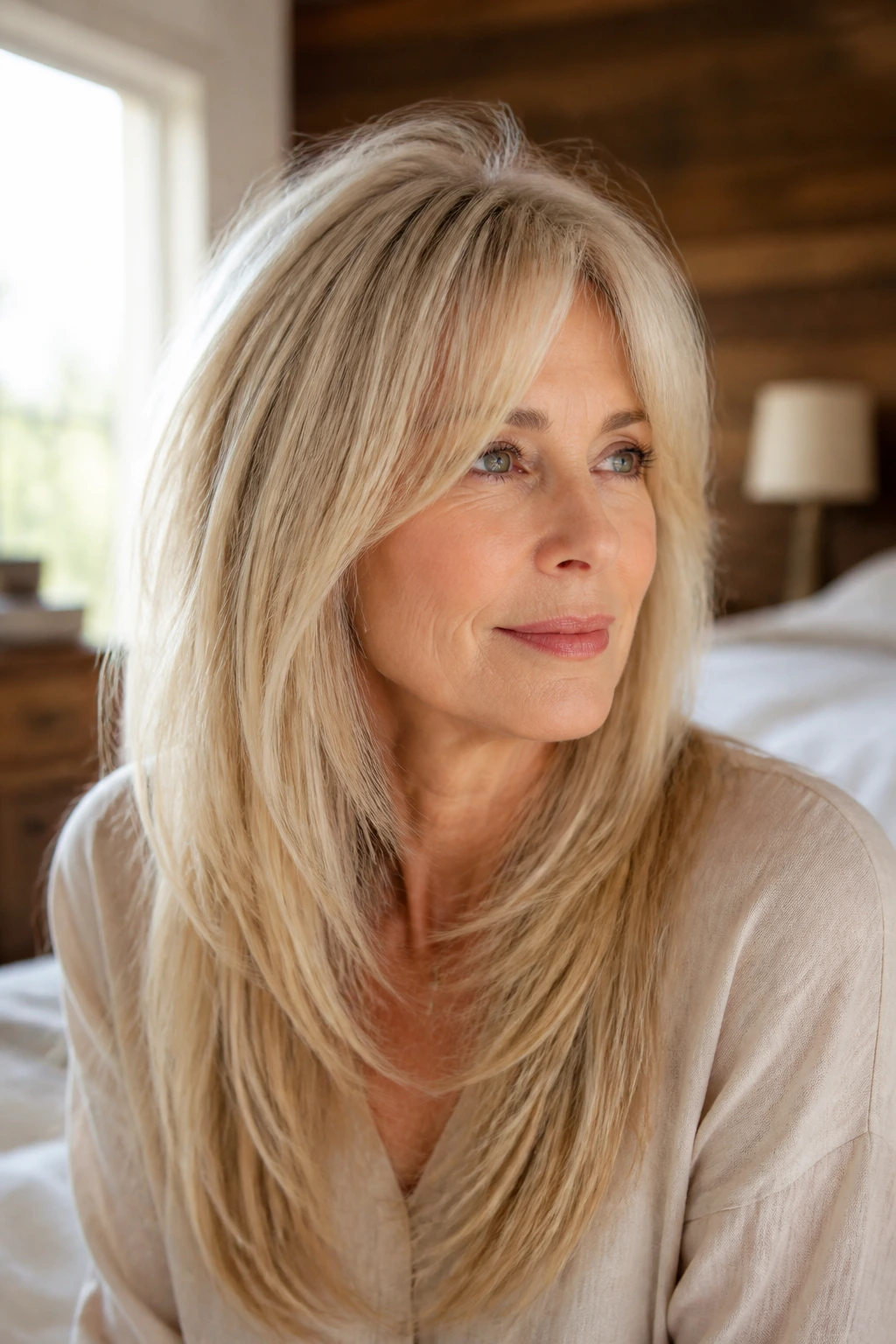 Close-up portrait of a woman with crown-boosting shag for fine straight hair, crown lift and soft face framing.