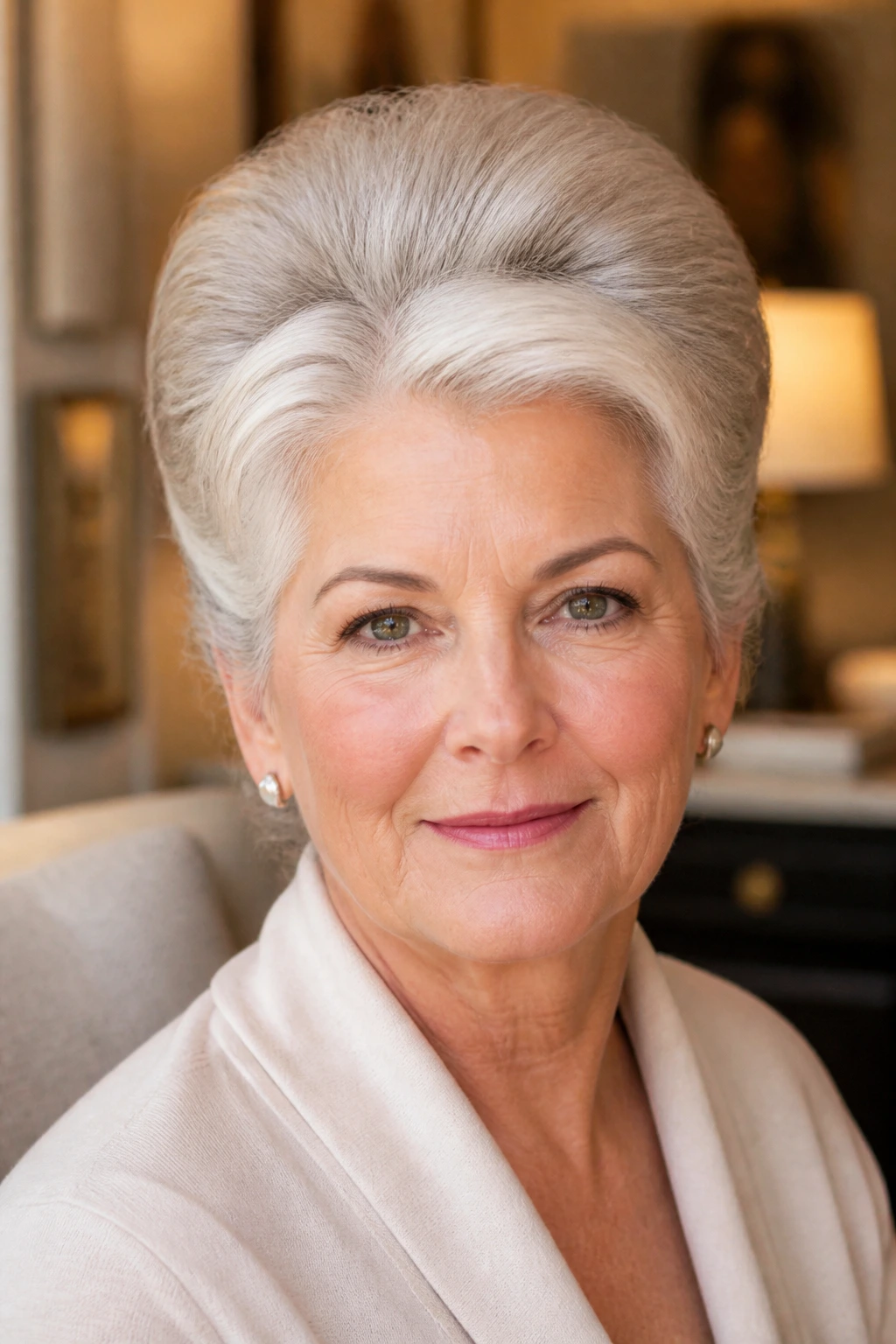 Older woman with crown bouffant hairstyle in warm interior