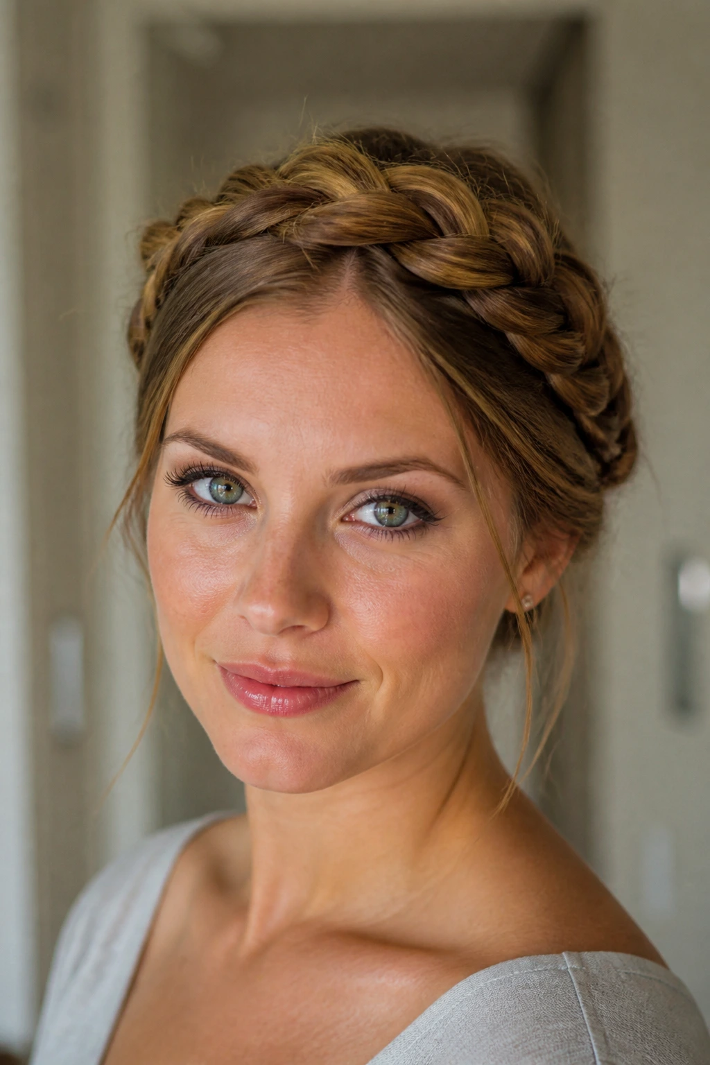 Close-up of real woman with crown braid wrapped around head