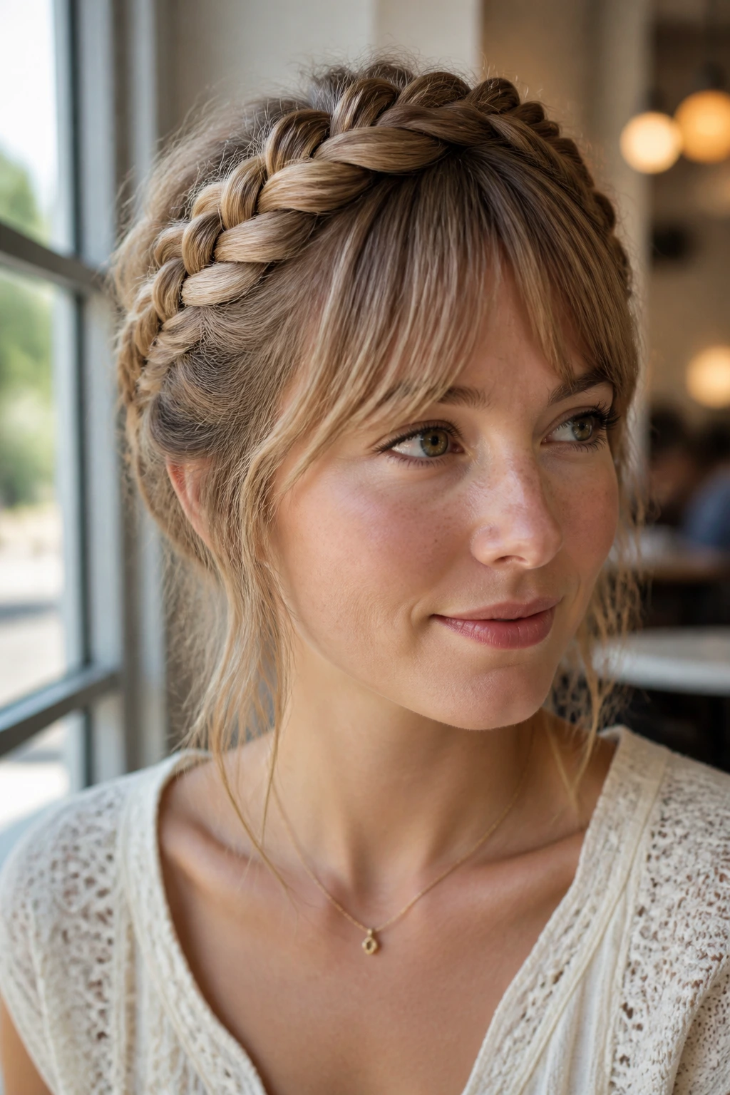 Close-up of a woman with crown braid and bangs in soft daylight