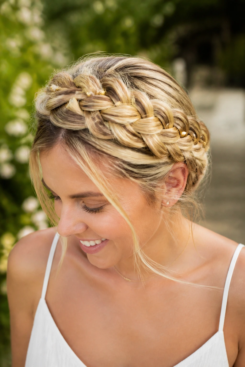 Close-up of blonde crown braid with scattered accent beads on a real person.