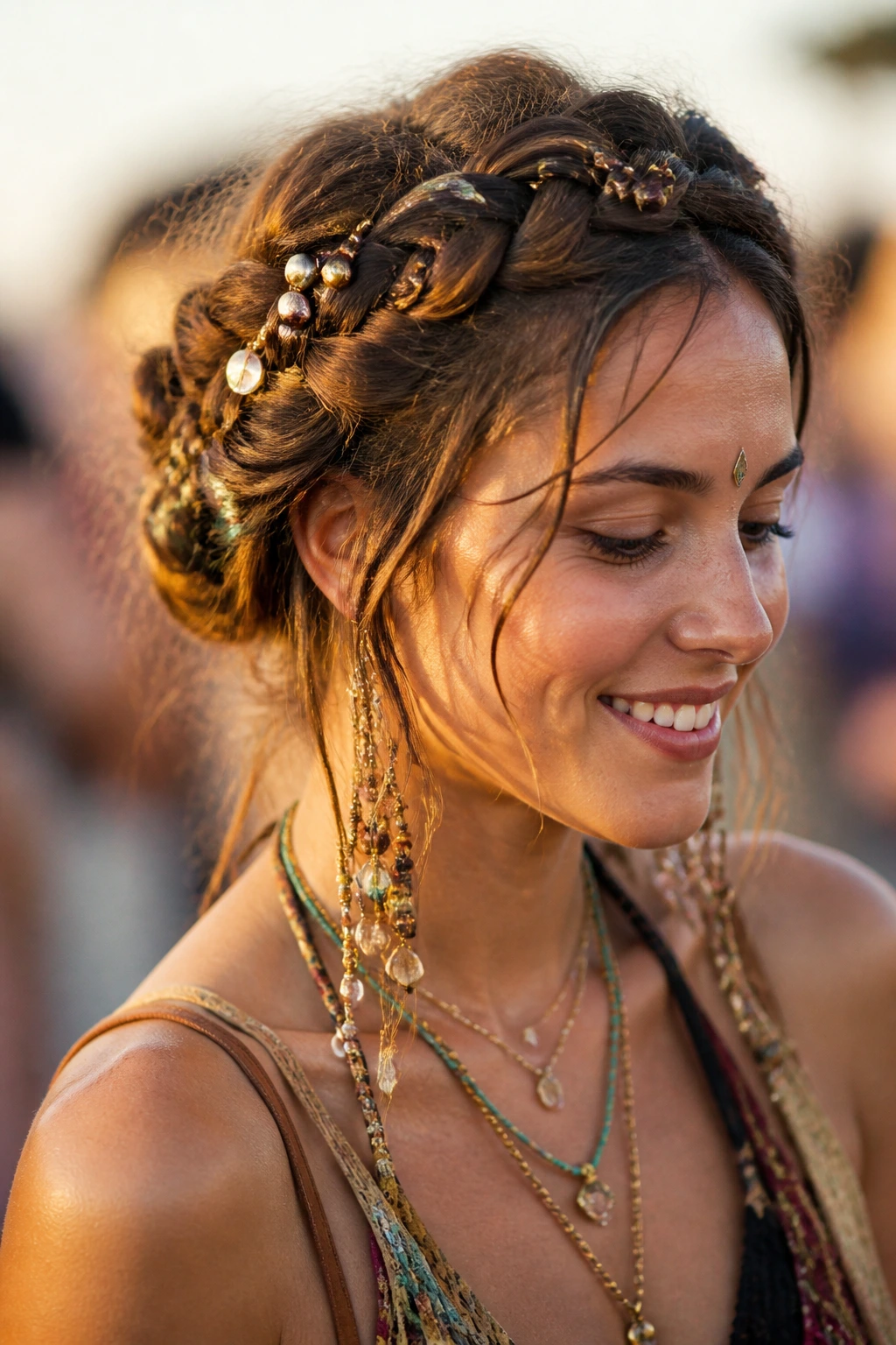 Close-up of a real person with a beaded crown braid around the head
