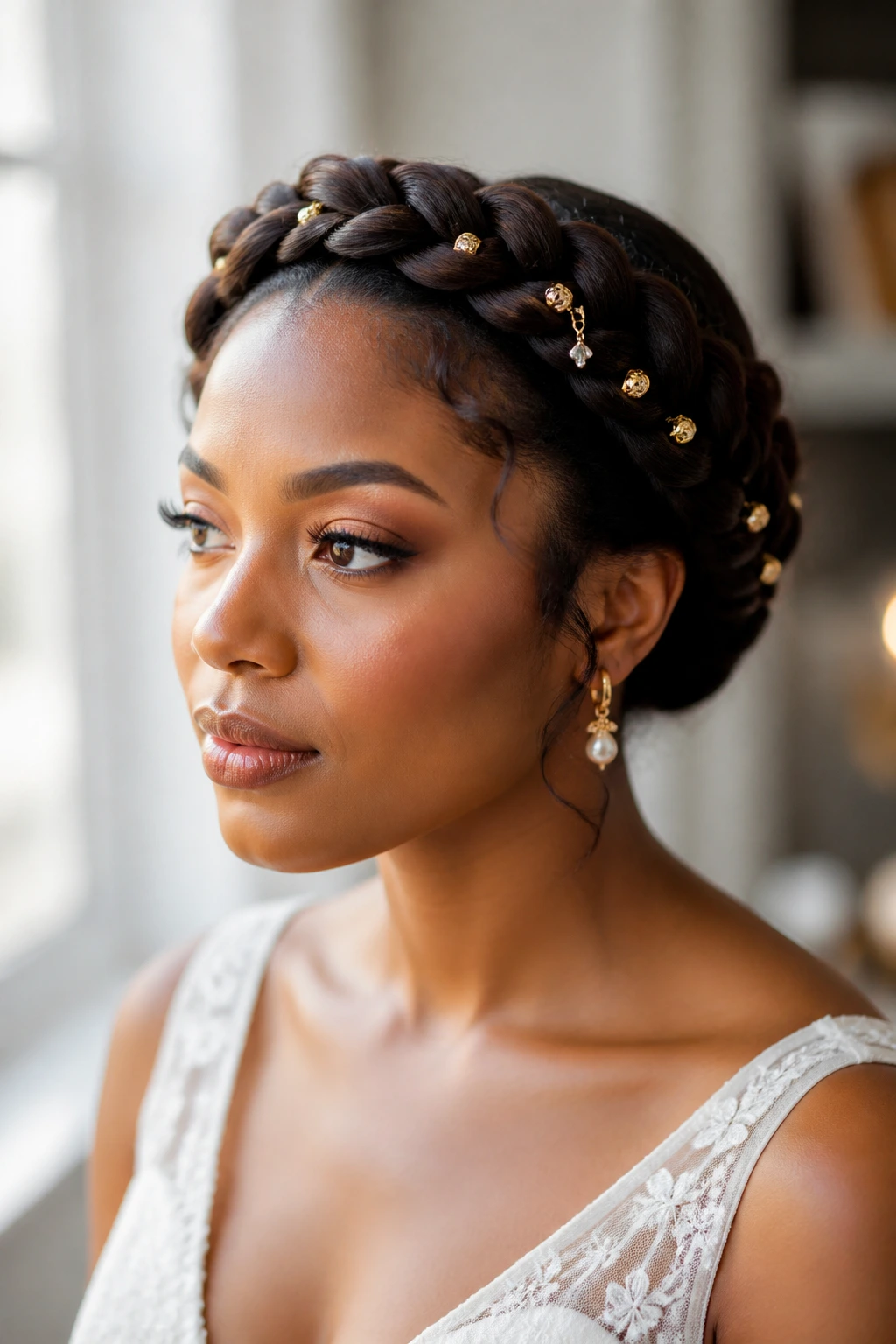 Close-up of a woman with a crown braid halo and tiny charm beads along the side and back