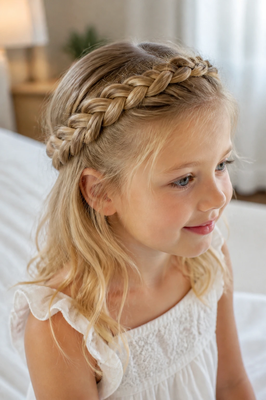 Blonde girl with crown braid and loose ends