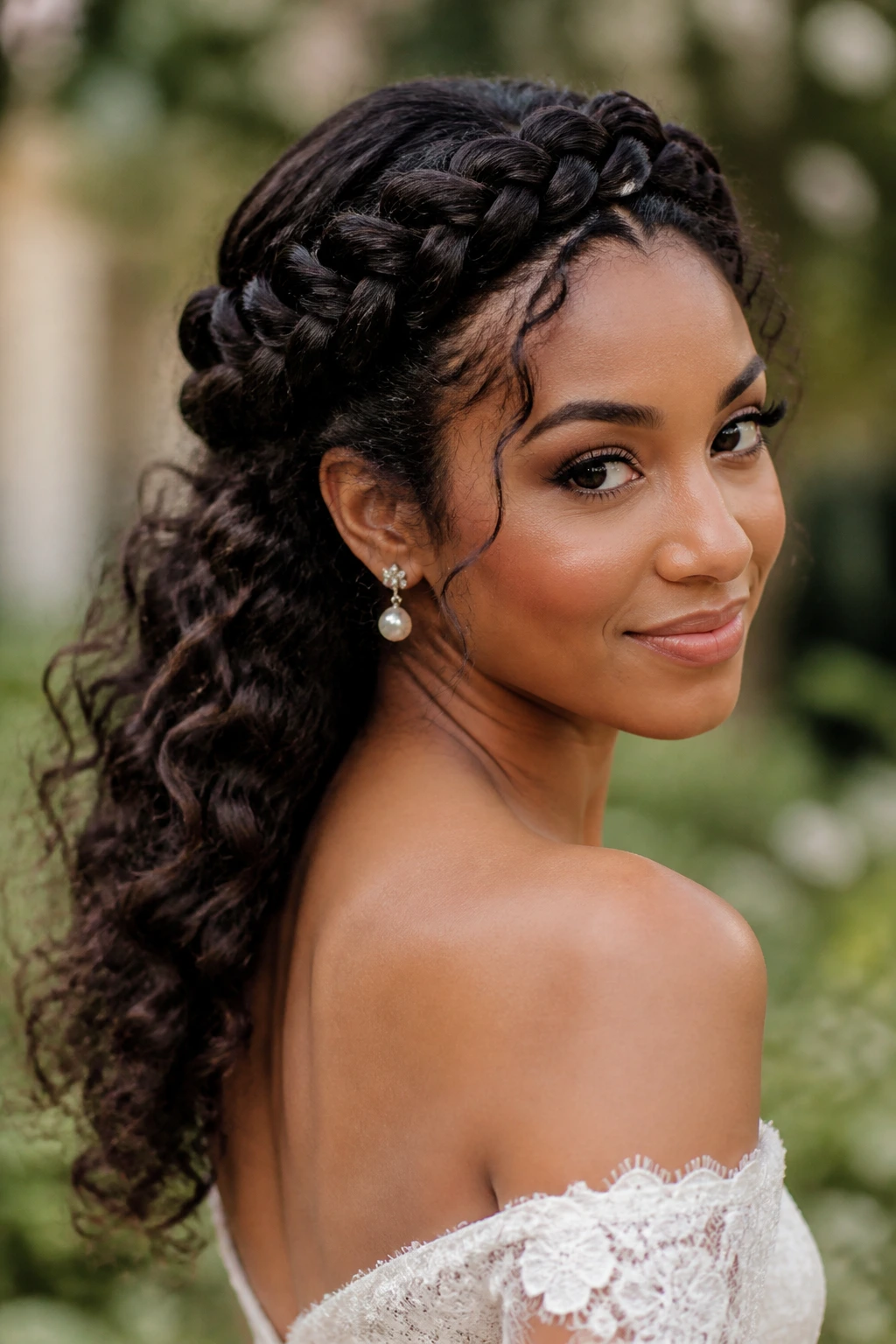 Bride with crown braid and loose curls