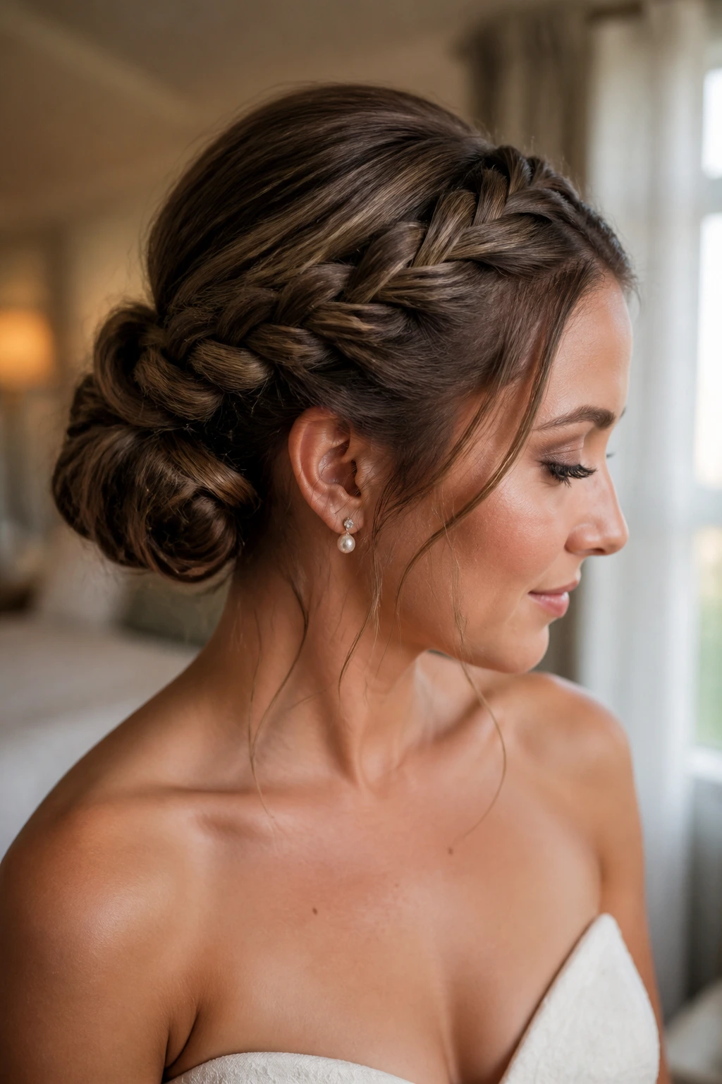 Close-up of a real bride with a crown braid flowing into a bun.