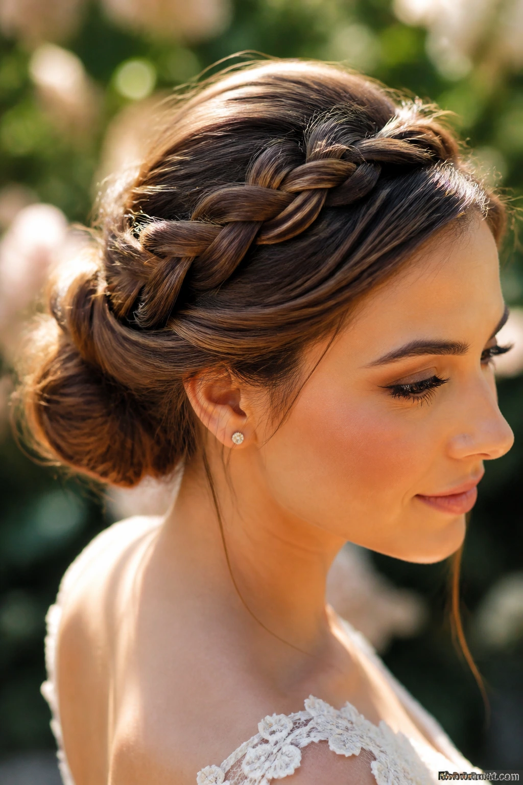 Close-up of a real woman wearing crown braid that feeds into a bun