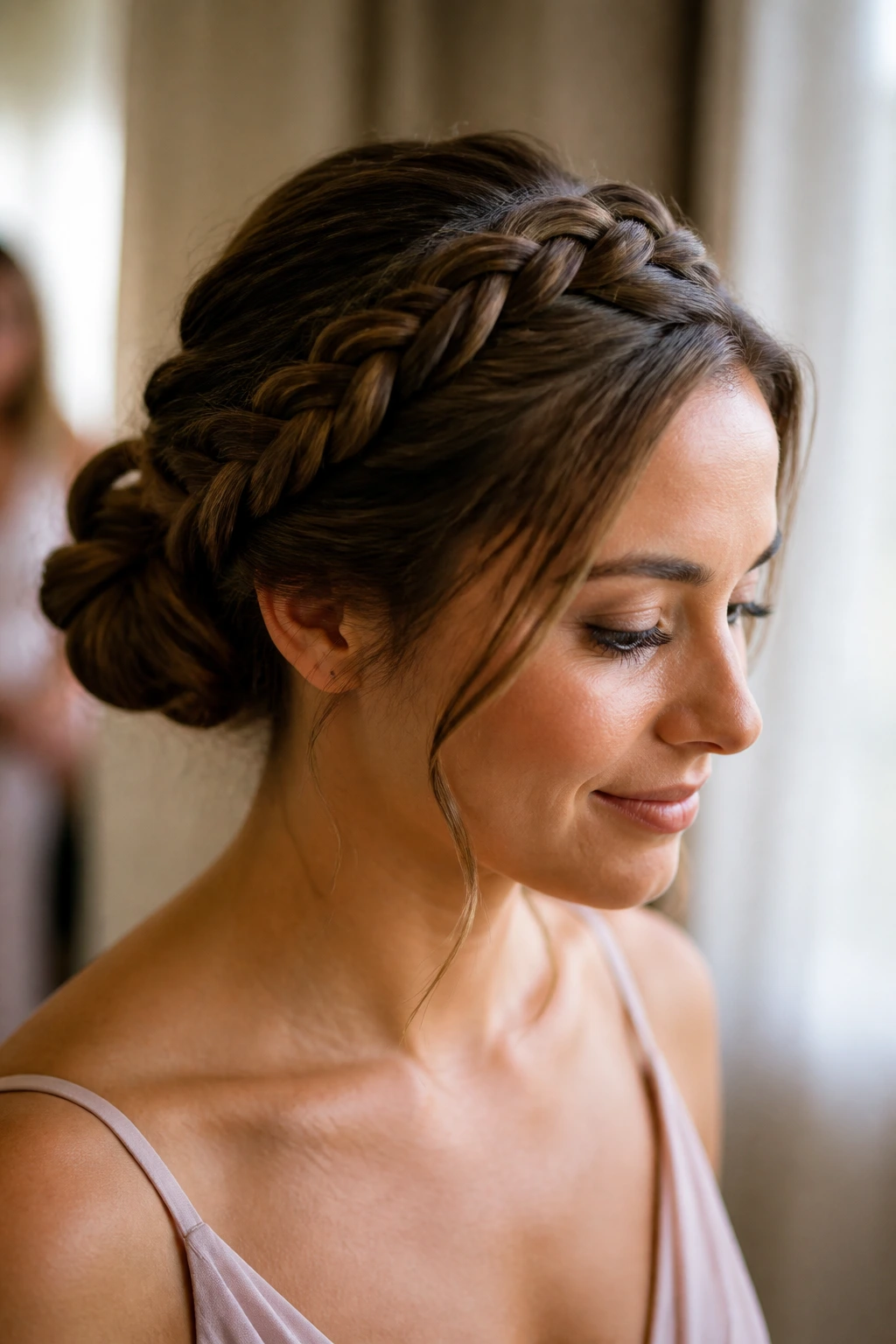 Close-up of a real woman with crown braid transitioning into a bun