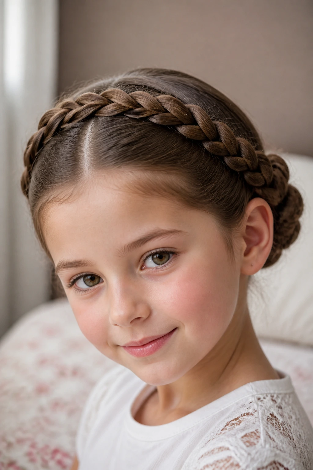 Close-up of a real girl wearing a crown braid bun with a symmetrical part