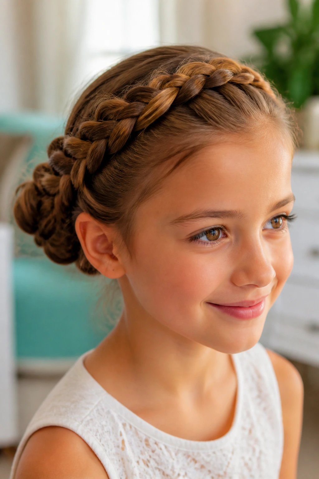 Close-up of a child with a crown braid leading to a bun