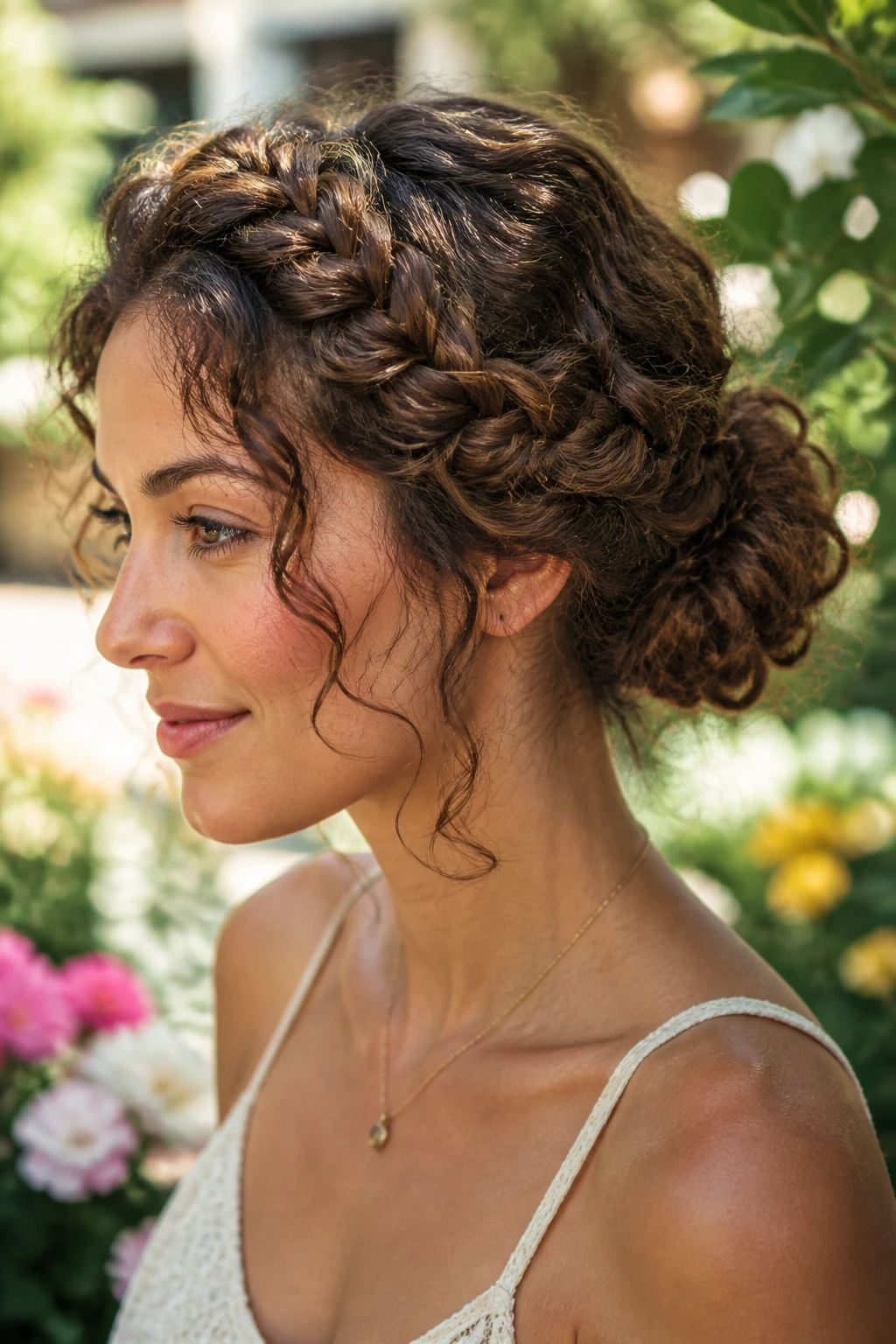 Close-up of a real woman with a crown braid forming a bun in natural light