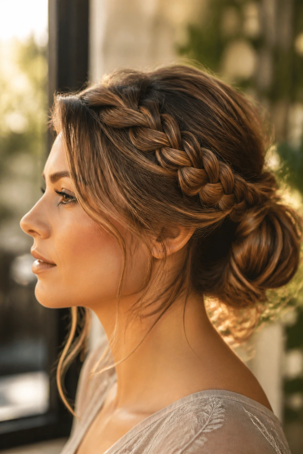 Side-profile of crown-braid bun on a real person