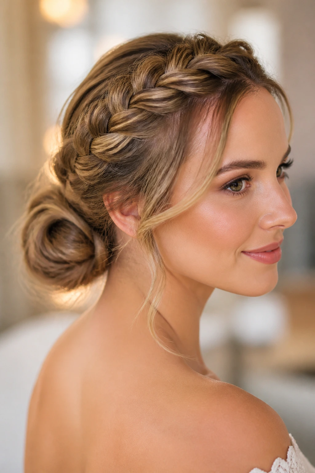 Close-up portrait of woman with crown braid into bun, warm bridal studio lighting