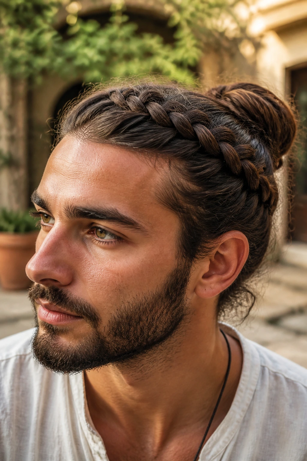 Man with crown braid leading into a bun in an outdoor courtyard