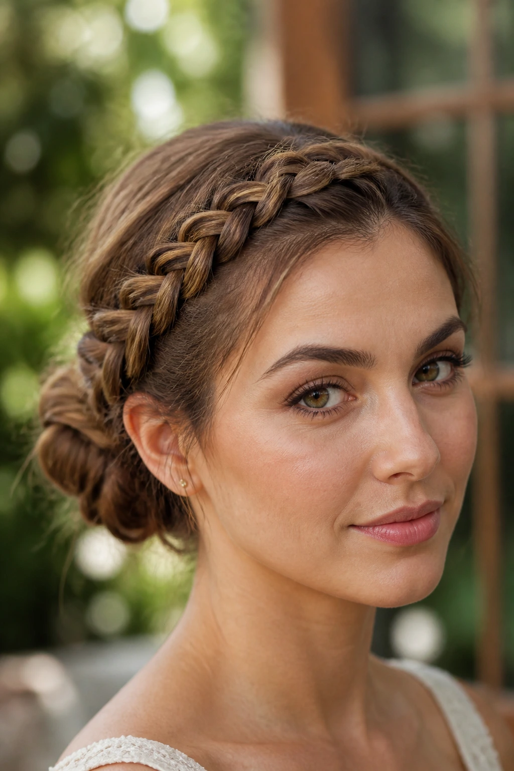 Close-up of crown-braid bun on a real woman's head