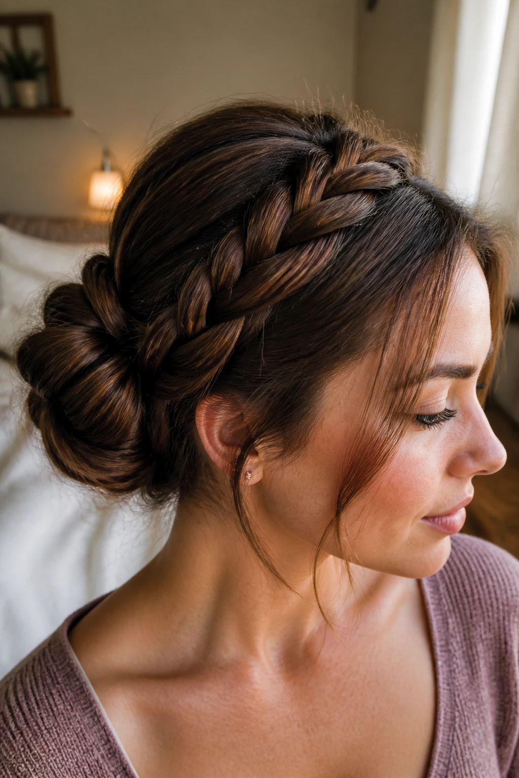 Close-up of a real woman wearing crown braid bun in a cozy bedroom.