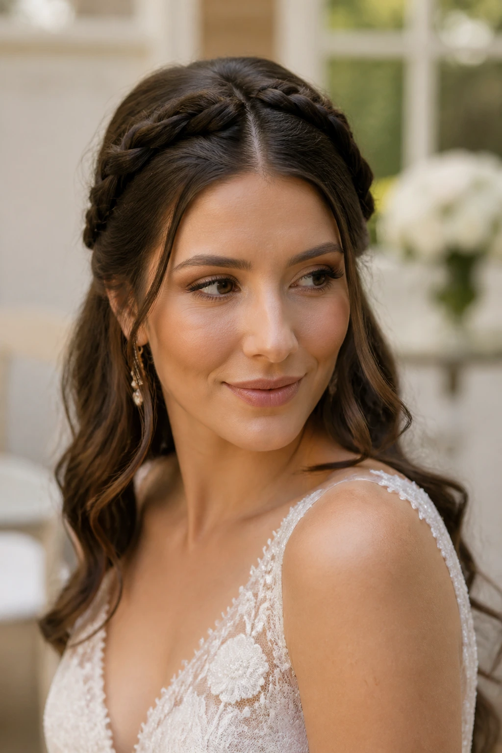 Bride with crown braid and center part, close-up portrait