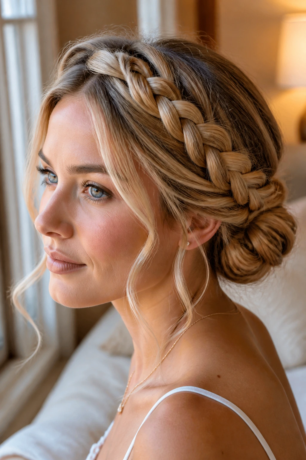 Close-up of Crown Braid Chignon on a real woman with crown braid to low nape bun