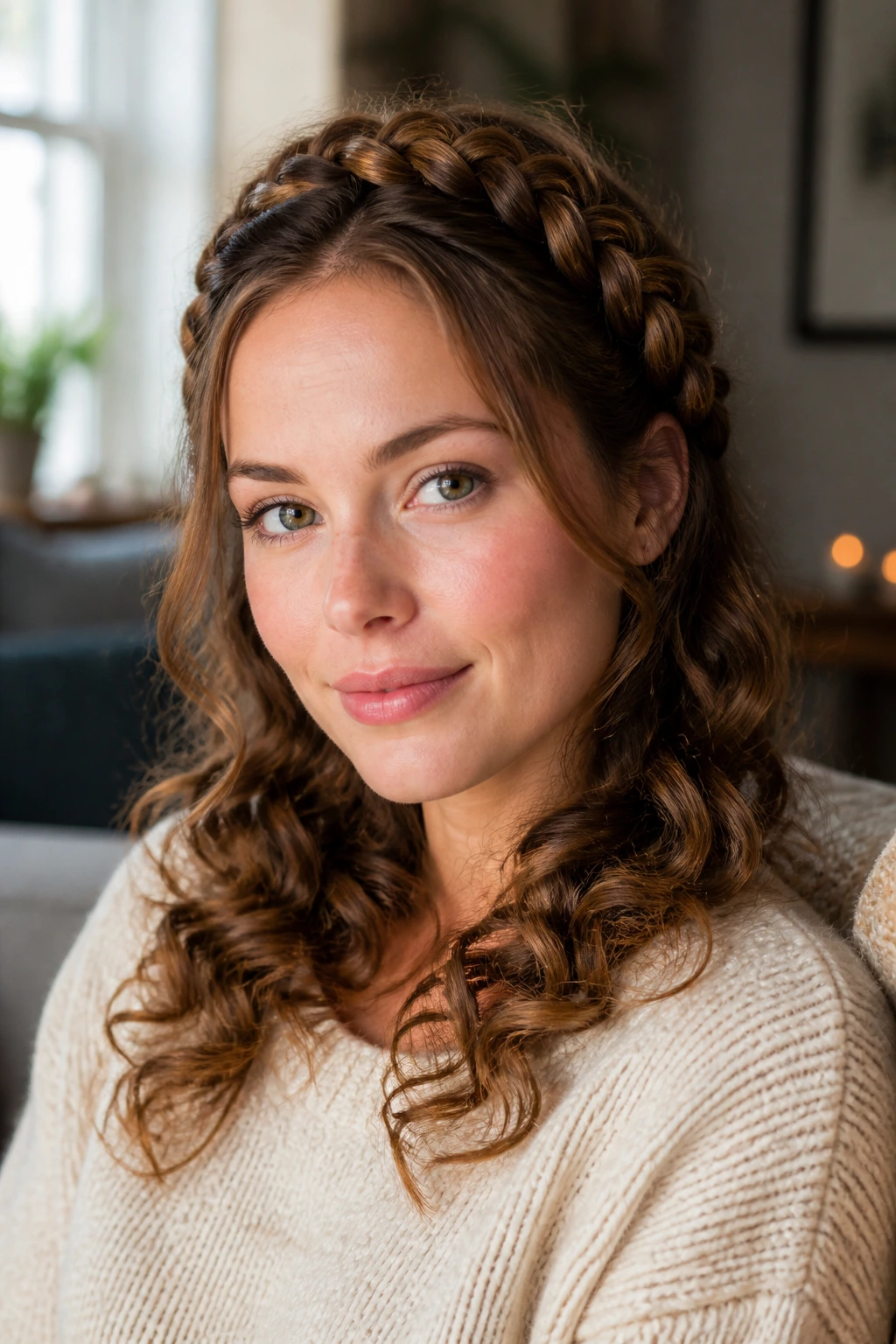 Close-up of a woman with a crown braid ending in curls in a cozy room
